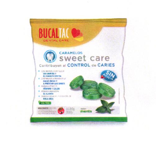 BUCAL TAC DENTAL CARE CARAMELOS SWEET CARE CONTRIBUYEN AL CONTROL DE CARIES LOS DIENTES Y EL ESMALTE DENTAL SALUD BUCAL Y A PREVENIR LAS CARIES FOSFORO Y CALCIO EL ALIENTO BOCA SECA SIN AZUCAR SABOR MENTA