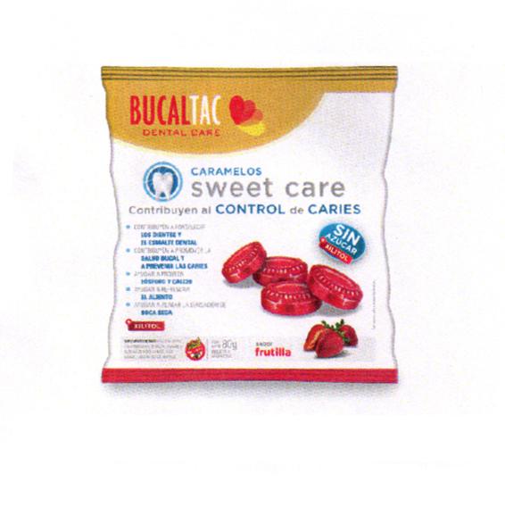 BUCAL TAC DENTAL CARE CARAMELOS SWEET CARE CONTRIBUYEN AL CONTROL DE CARIES LOS DIENTES Y EL ESMALTE DENTAL SALUD BUCAL Y A PREVENIR LAS CARIES FOSFORO Y CALCIO EL ALIENTO BOCA SECA SIN AZUCAR SABOR FRUTILLA