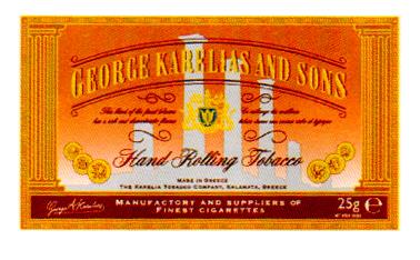 GEORGE KARELIAS AND SONS HAND ROLLING TOBACCO MANUFACTORY AND SUPPLIERS OF FINEST CIGARETTES MADE  IN GREECE THE KARELIA TOCACCO COMPANY KALAMATA GREECE 25 G E