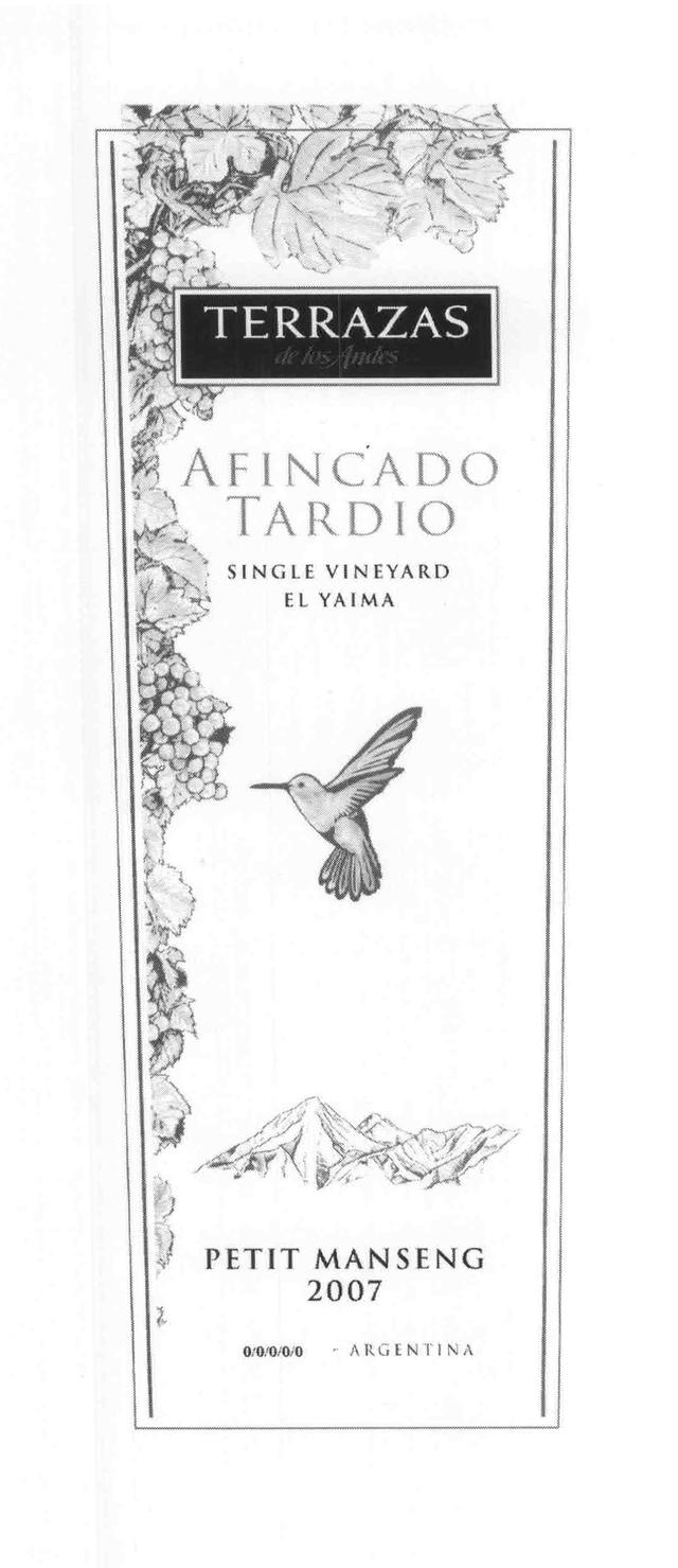 TERRAZAS DE LOS ANDES AFINCADO TARDIO SINGLE VINEYARD EL YAIMA PETIT MANSENG 2007 ARGENTINA