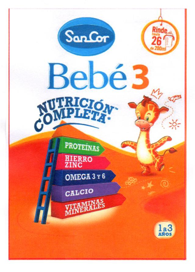 SANCOR BEBE 3 NUTRICIÓN COMPLETA PROTEINAS HIERRO ZINC OMEGA 3 Y 6 CALCIO VITAMINAS MINERALES 1 A 3  AÑOS RINDE HASTA 26  DE 200 ML