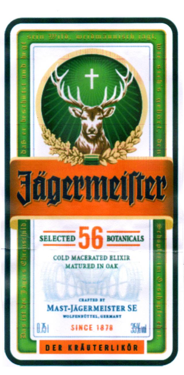 JÄGERMEIFTER SELECTED 56 BOTANICALS COLD MACERATED ELIXIR MATURED IN OAK CRAFTED BY MAST-JÄGERMEISTER SE WOLFENBUTTEL, GERMANY SINCE 1878 0.75L 35%ML DER KRÄUTERLIKÜR