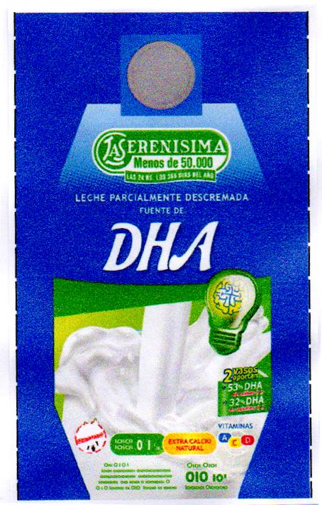 LA SERENISIMA MENOS DE 50.000 LAS 24HS. LOS 365 DIAS DEL AÑO LECHE PARCIALMENTE DESCREMADA FUENTE FUENTE DE DHA 2 VASOS APORTAN 53% DHA 32% DHA EXTRA CALCIO NATURAL VITAMINAS ACD