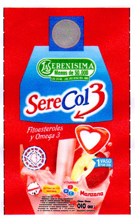 LS LA SERENISIMA MENOS DE 50.000 LAS 24HS. LOS 365 DIAS DIAS DEL AÑO SERE COL3 FITOESTEROLES Y OMEGA 3 1VASO POR DIA EXTRA CALCIO NATURAL VITAMINAS ADEC MANZANA