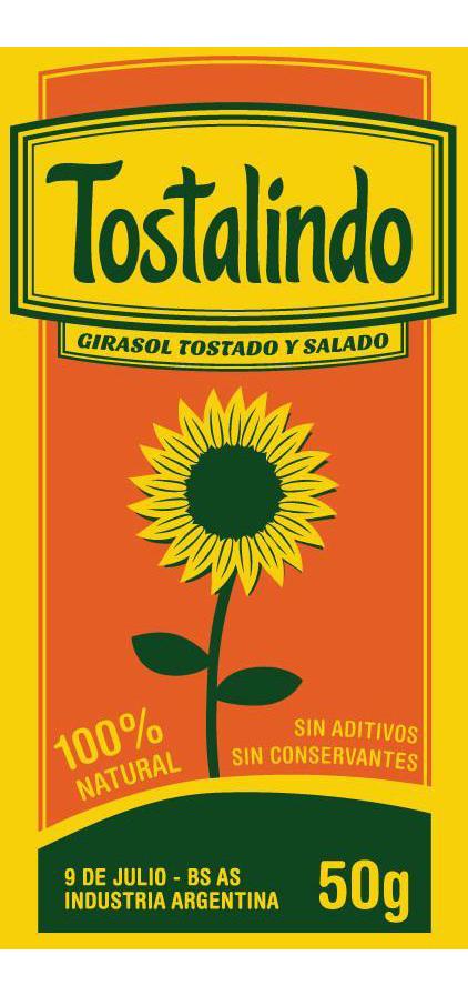 TOSTALINDO GIRASOL TOSTADO Y SALADO 100 % NATURAL SIN ADITIVOS SIN CONSERVANTES 9 DE JULIO - BS AS INDUSTRIA ARGENTINA 50 G