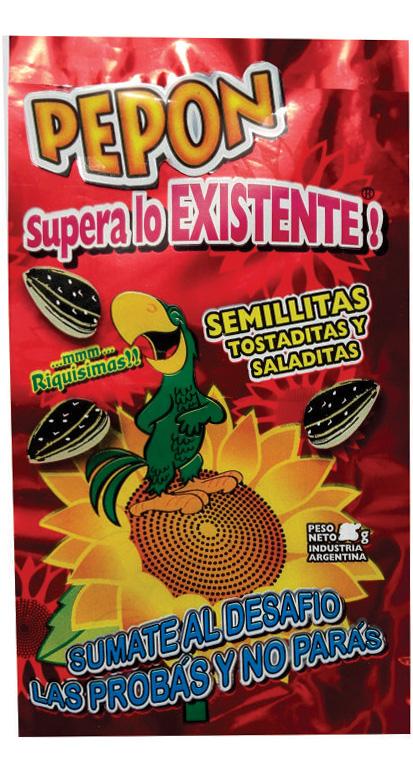 PEPON SUPERA LO EXISTENTE! ...MMM... SEMILLITAS TOSTADITAS SALADITAS PESO NETO G INDUSTRIA ARGENTINA SUMATE AL DESAFIO LAS PROBAS Y NO PARAS