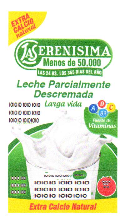 LS LA SERENISIMA MENOS DE 50.000 LAS 24 HS. LOS 365 DIAS DEL AÑO LECHE PARCIALMENTE DESCREMADA LARGA VIDA EXTRA CALCIO NATURAL FUENTE DE VITAMINAS A B9 C D