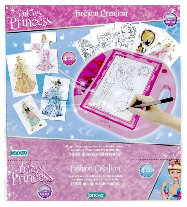 DITOYS PRINCESS FASHION CREATION TABLERO CON LUZ LED 4 INCLUYE SELLOS ELEGÍ DIFERENTES ESTILOS DE PEINADO, CARAS, CUERPOS Y ROPA, PARA CREAR MÁS DE 1000 DISEÑOS DIFERENTES!