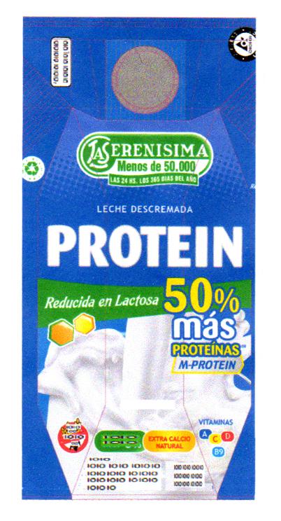 LS LA SERENISIMA MENOS DE  50.000 LAS 24 HS. LOS 365 DEL AÑO LECHE DESCREMADA PROTEIN REDUCIDA EN LACTOSA 50% MAS PROTEINAS M-PROTEIN