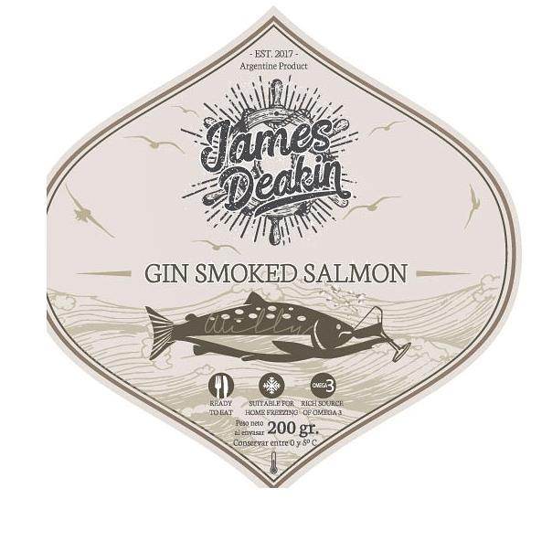 GIN SMOKED SALMON JAMES DEAKIN EST. 2017 ARGENTINE PRODUCT OMEGA 3 READY TOEAT  FREEZING RICH SOURCE OF OMEGA 3 PESO NETO AL ENVASAR 200 GR. CONSERVAR ENTRE 0° Y 5° C