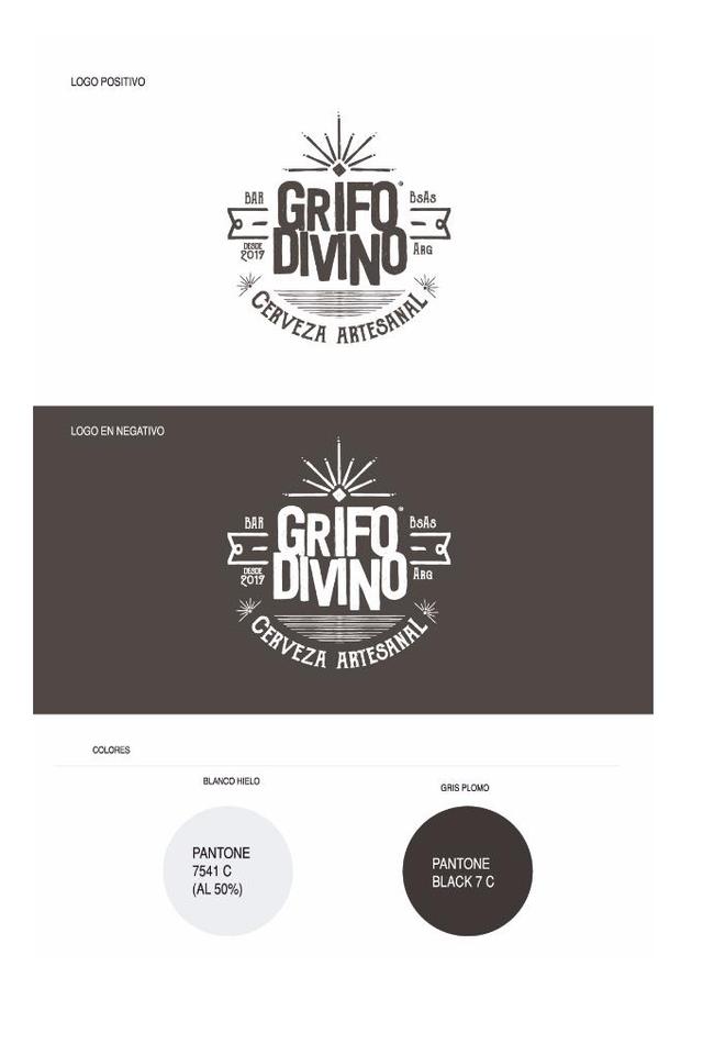 LOGO POSITIVO GRIFO DIVINO BAR BSAS DESDE 2017 ARG CERVEZA ARTESANAL LOGO NEGATIVO COLORES BLANCO HIELO GRIS PLOMO PANTONE 7541 C (AL 50%) PANTONE BLACK 7 C