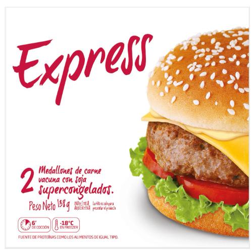 EXPRESS 2 MEDALLONES DE CARNE VACUNA CON SOJA SUPERCONGELADOS PESO NETO 138 G  INDUSTRIA ARGENTINA  6 DE COCCION  - 18°C EN FREEZER FUENTE DE PROTEINAS  COMO LOS ALIMENTOS DE IGUAL TIPO