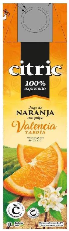 CITRIC 100% EXPRIMIDO JUGO DE NARANJA CON PULPA VALENCIA TARDÍA LIBRE DE GLUTEN SIN T.A.C.C.