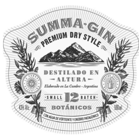 SUMMA GIN PREMIUM DRY STYLE DESTILADO EN ALTURA ELABORADO EN LA CUMBRE ARGENTINA SMALL12 BATCH BOTANICOS CON AGUA DE VERTIENTE Y ENEBRO PATAGONICO CUATRO VECES DESTILADO 43 % ALC 500 ML