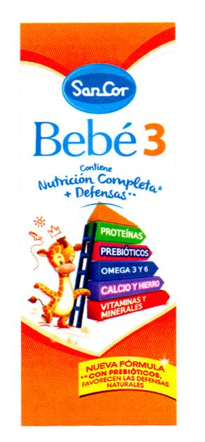 SANCOR BEBE 3 CONTIENE NUTRICION COMPLETA + DEFENSAS PROTEINAS PREBIOTICOS OMEGA 3 Y 6 CALCIO Y HIERRO VITAMINAS Y MINERALES NUEVA FORMULA CON PREBIOTICOS, FAVORECEN LAS DEFENSAS NATURALES