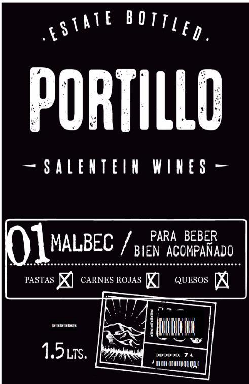 PORTILLO ESTATE BOTTLED SALENTEIN WINES 01 MALBEC PARA BEBER BIEN ACOMPAÑADO PASTAS - CARNES ROJAS - QUESOS CONTENIDO 1,5 LTS